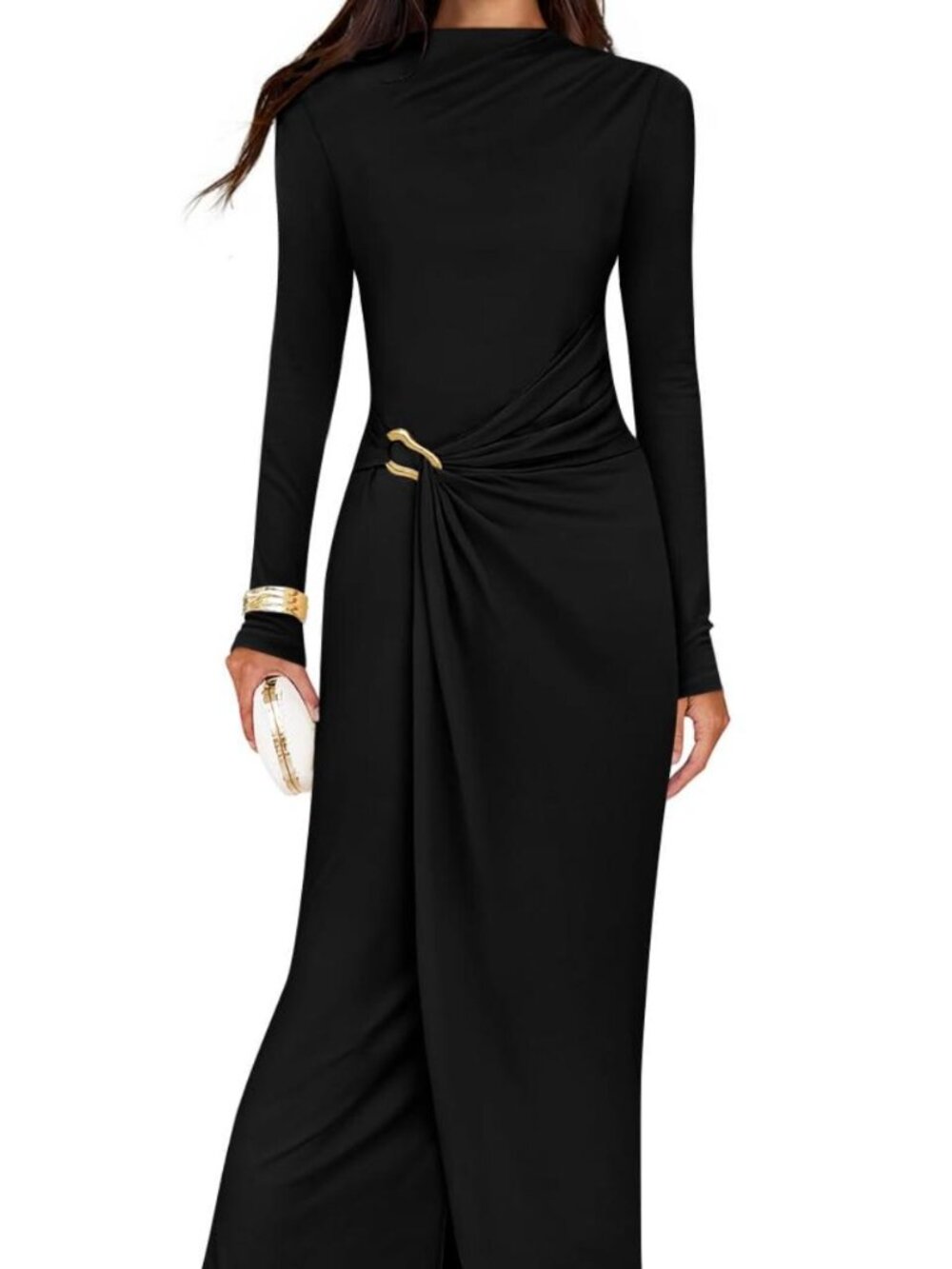 Black Bodycon Midi Dress | Long Sleeve Mock Neck Ruched Wedding Guest Dress